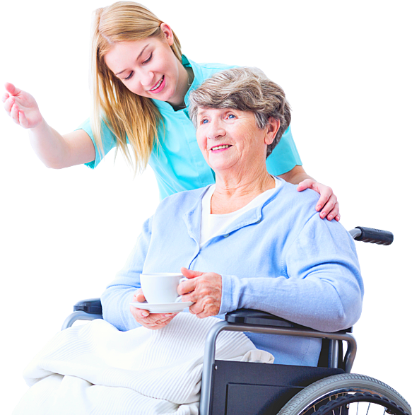 nurse aid showing the way to elderly woman